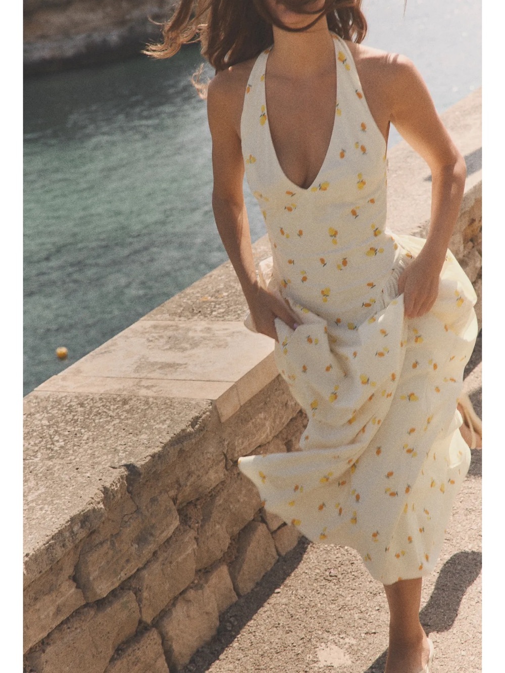 Zara FRUIT PRINT POPLIN HALTER MIDI DRESS